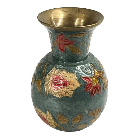 Vintage Enameled BRASS VASE 4" Mini Flower Vase Green Gold Metal Container India - Picture 1 of 7